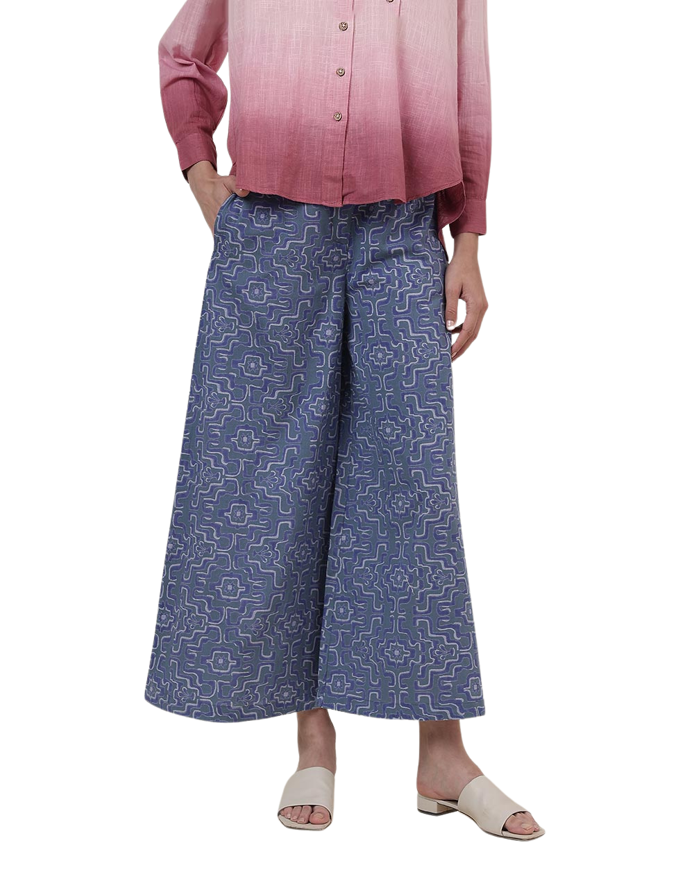 Pantalón amplio de algodón y lino. Azul