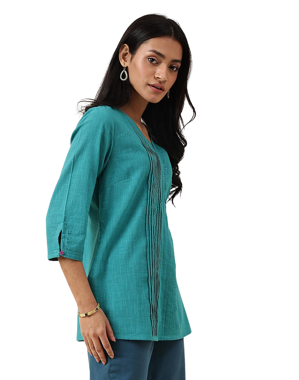 Kurta corta con pliegues. Turquesa