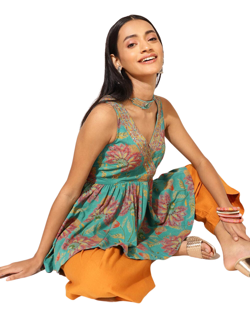 Kurta corta con vuelo. Turquesa