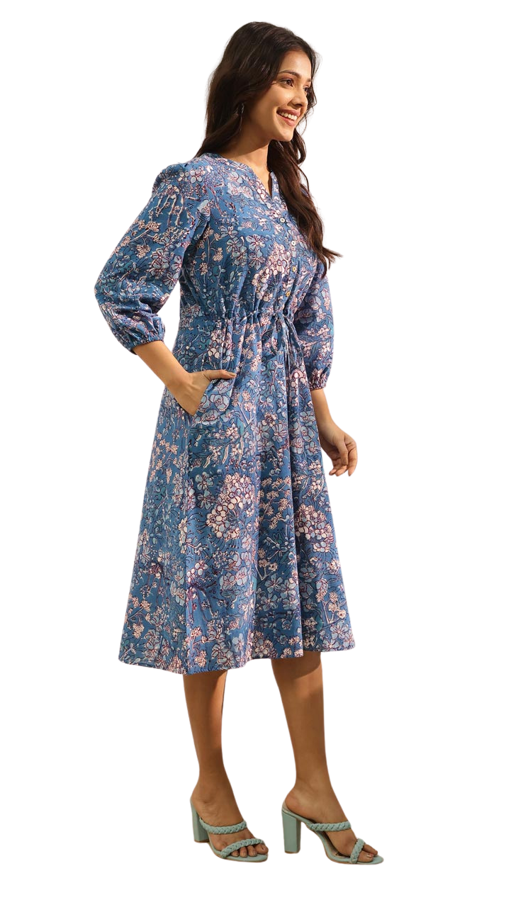 PREVENTA - Vestido largo estampado con manga. Azul