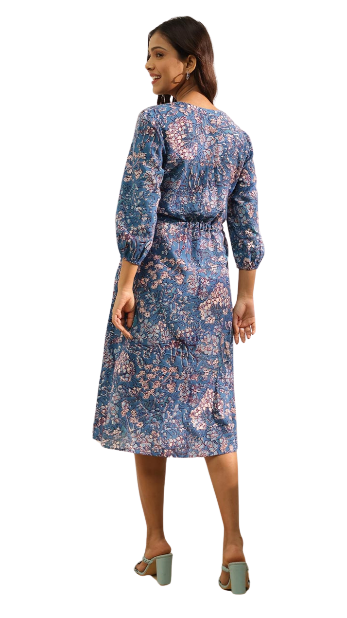 PREVENTA - Vestido largo estampado con manga. Azul