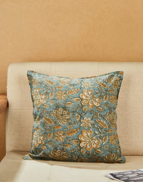 Funda de cojín de algodón estampada. Zaira Gadh azul 40x40
