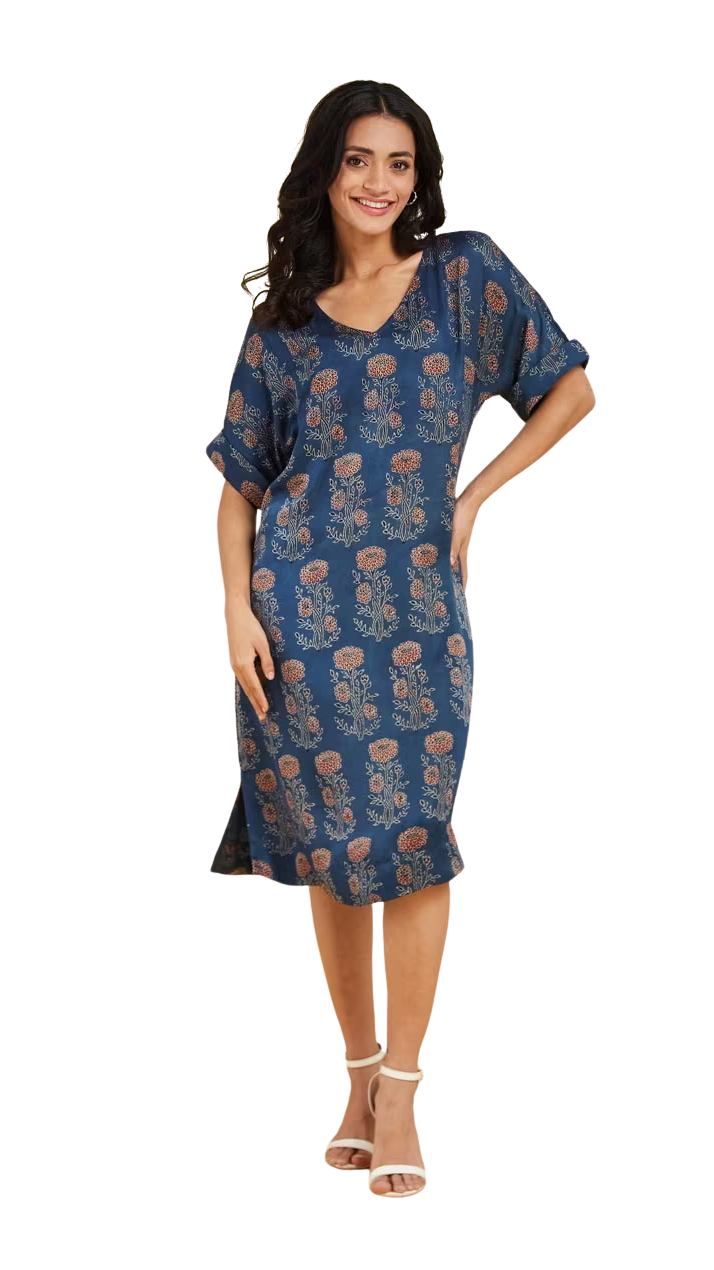 Vestido largo Ajrakh. Manga al codo . Azul y rojo PREVENTA