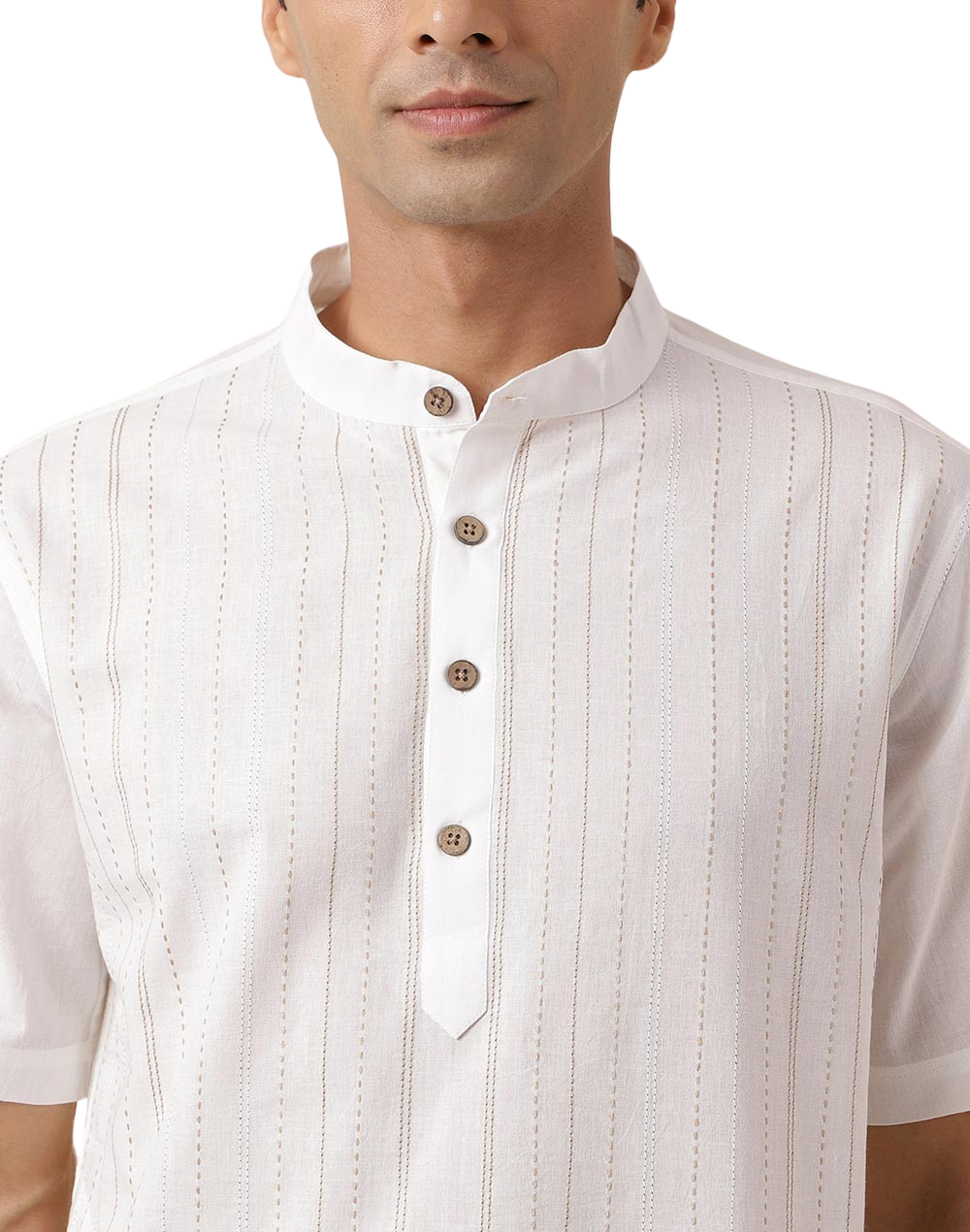 Kurta para hombre. Blanca, Pespunte vertical. Manga larga