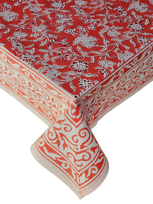 Mantel cuadrado 100% algodón estampado a mano. Rosa Coral A