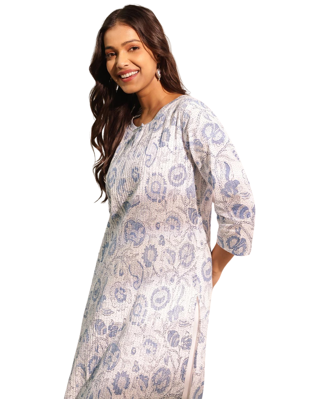 Kurta larga plisada y estampada. Azul fondo blanco. slim fit