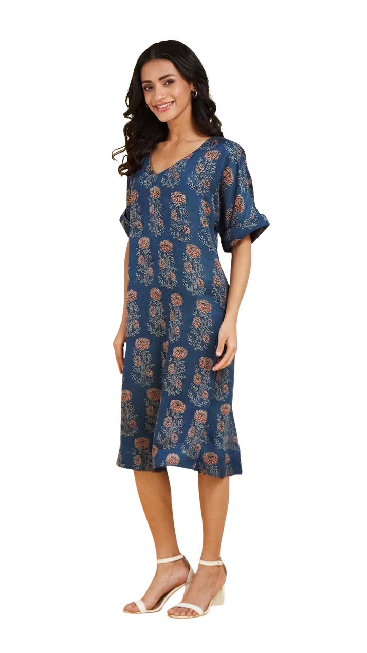 Vestido largo Ajrakh. Manga al codo . Azul y rojo PREVENTA