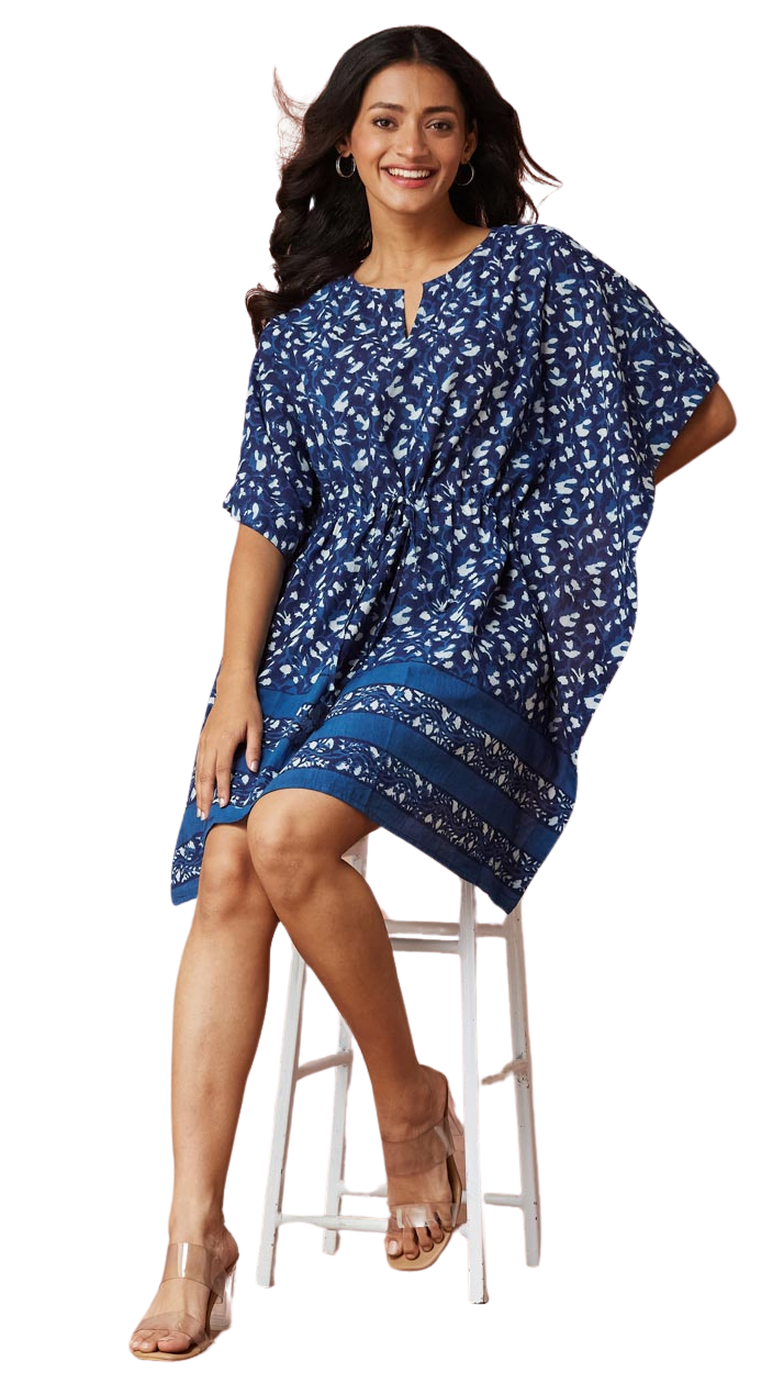 Kaftán corto estampado Overlay. Indigo