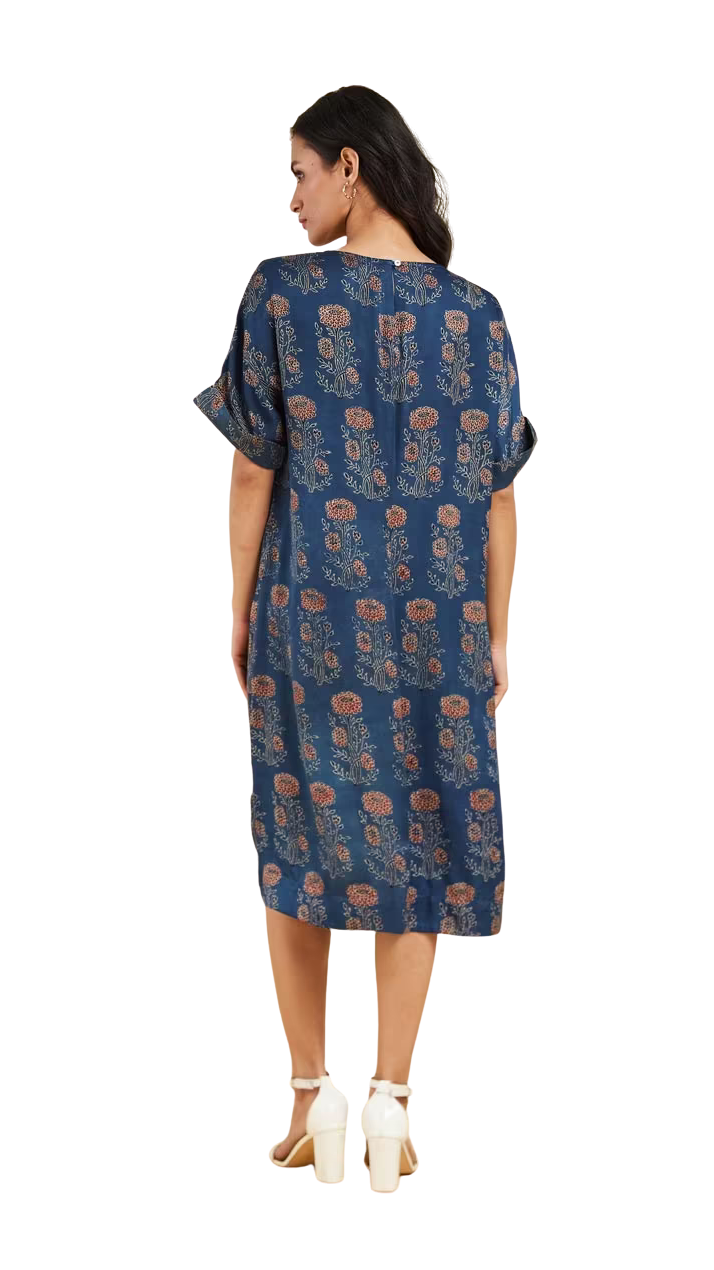 Vestido largo Ajrakh. Manga al codo . Azul y rojo PREVENTA