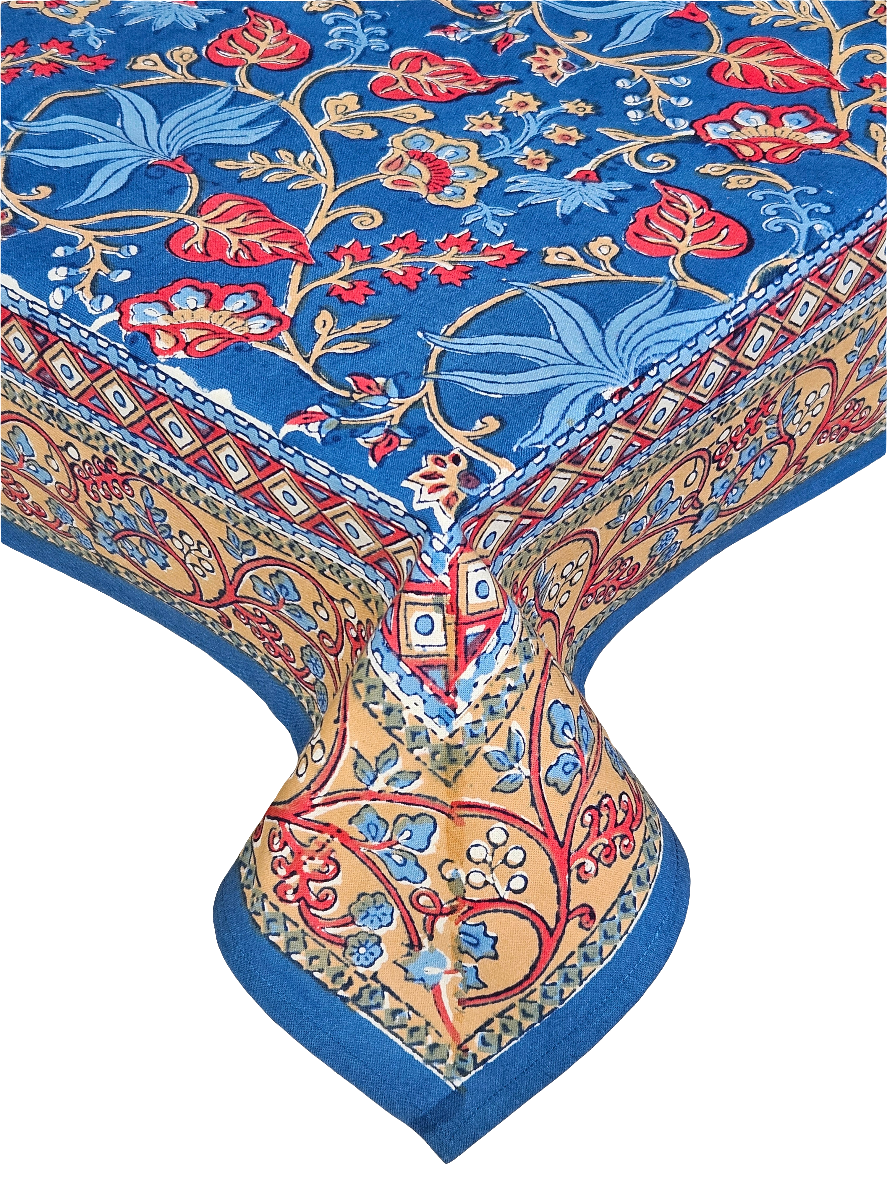 Mantel rectangular 100% algodón estampado a mano. Ivy azul