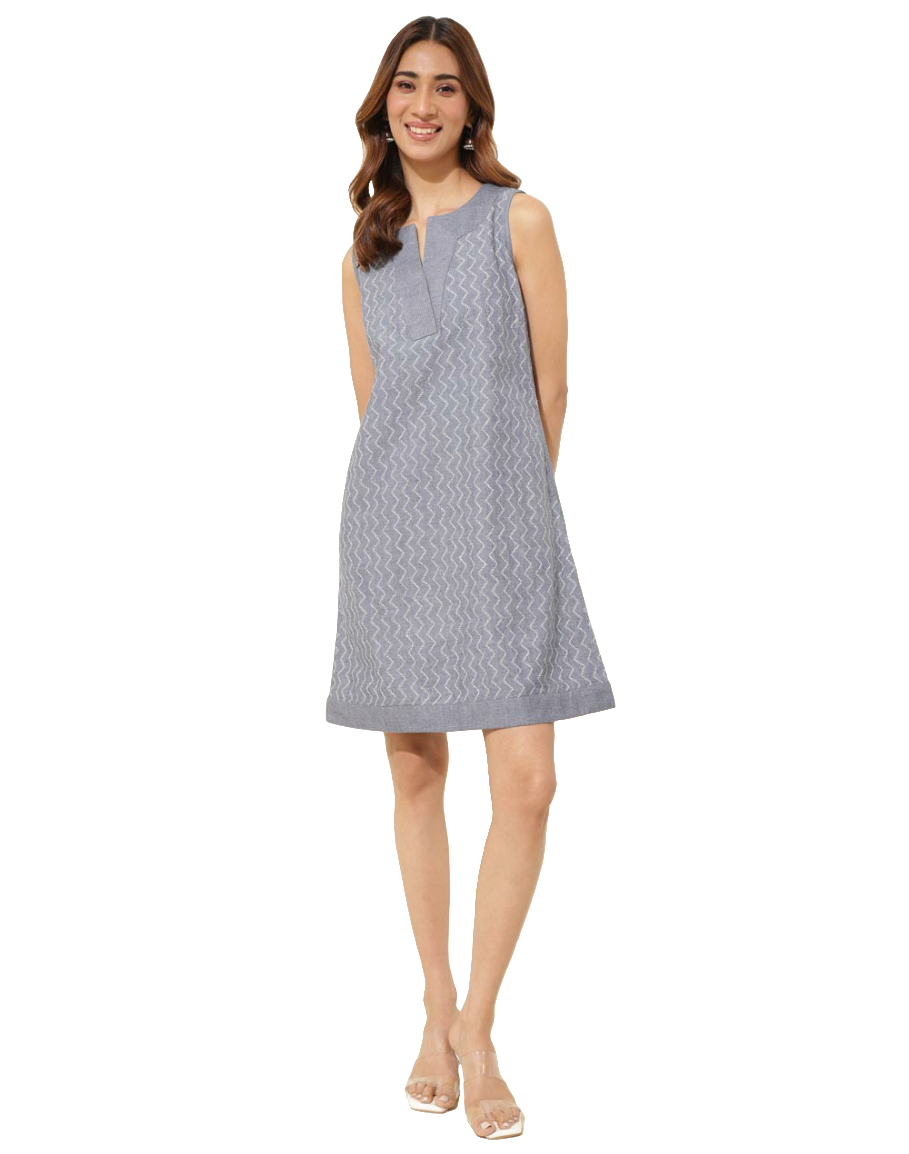 Vestido corto con bordado chikankari. Azul/Gris