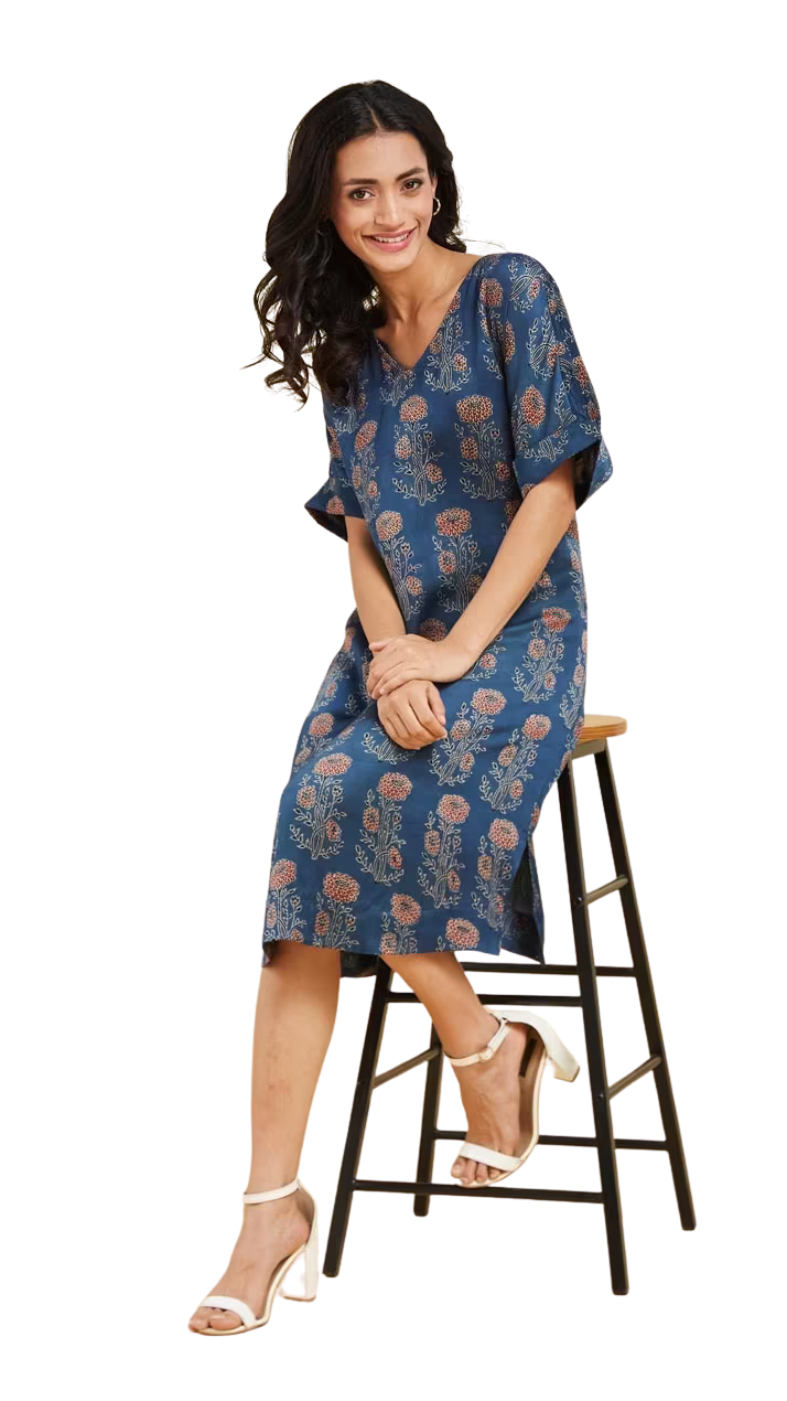 Vestido largo Ajrakh. Manga al codo . Azul y rojo PREVENTA