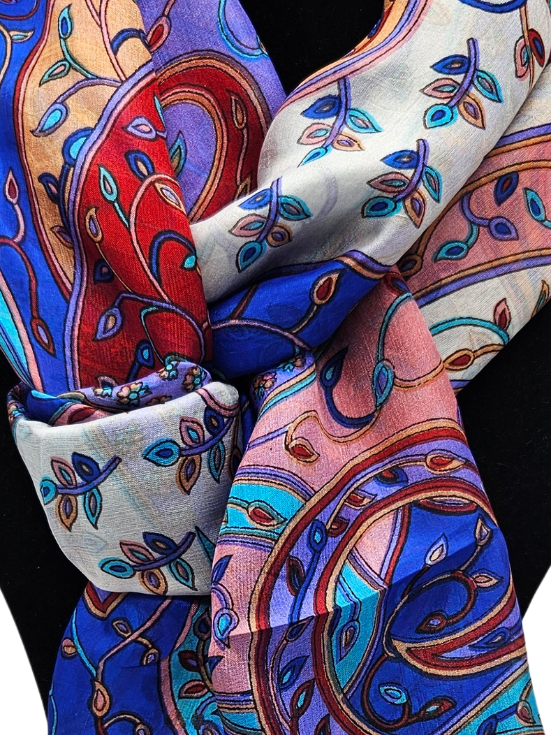 Mascada de seda estampada grande. Khani azul y rojo