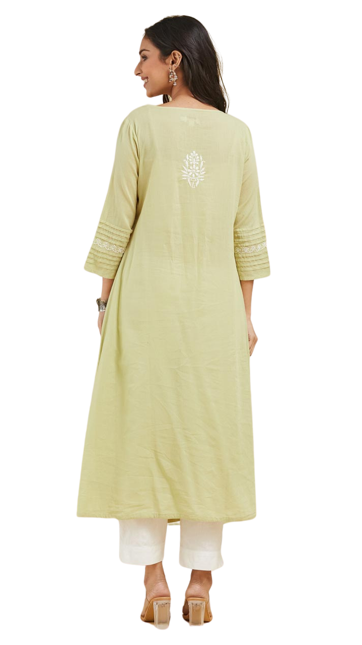 Kurta larga (set) con bordado chikankari. Verde. slim fit