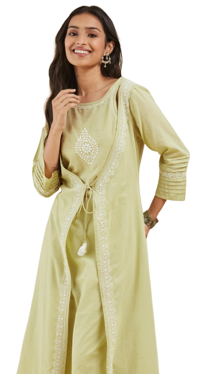 Kurta larga (set) con bordado chikankari. Verde. slim fit