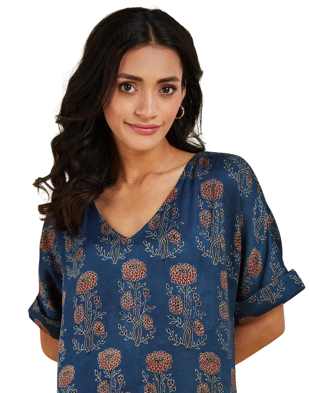 Vestido largo Ajrakh. Manga al codo . Azul y rojo PREVENTA