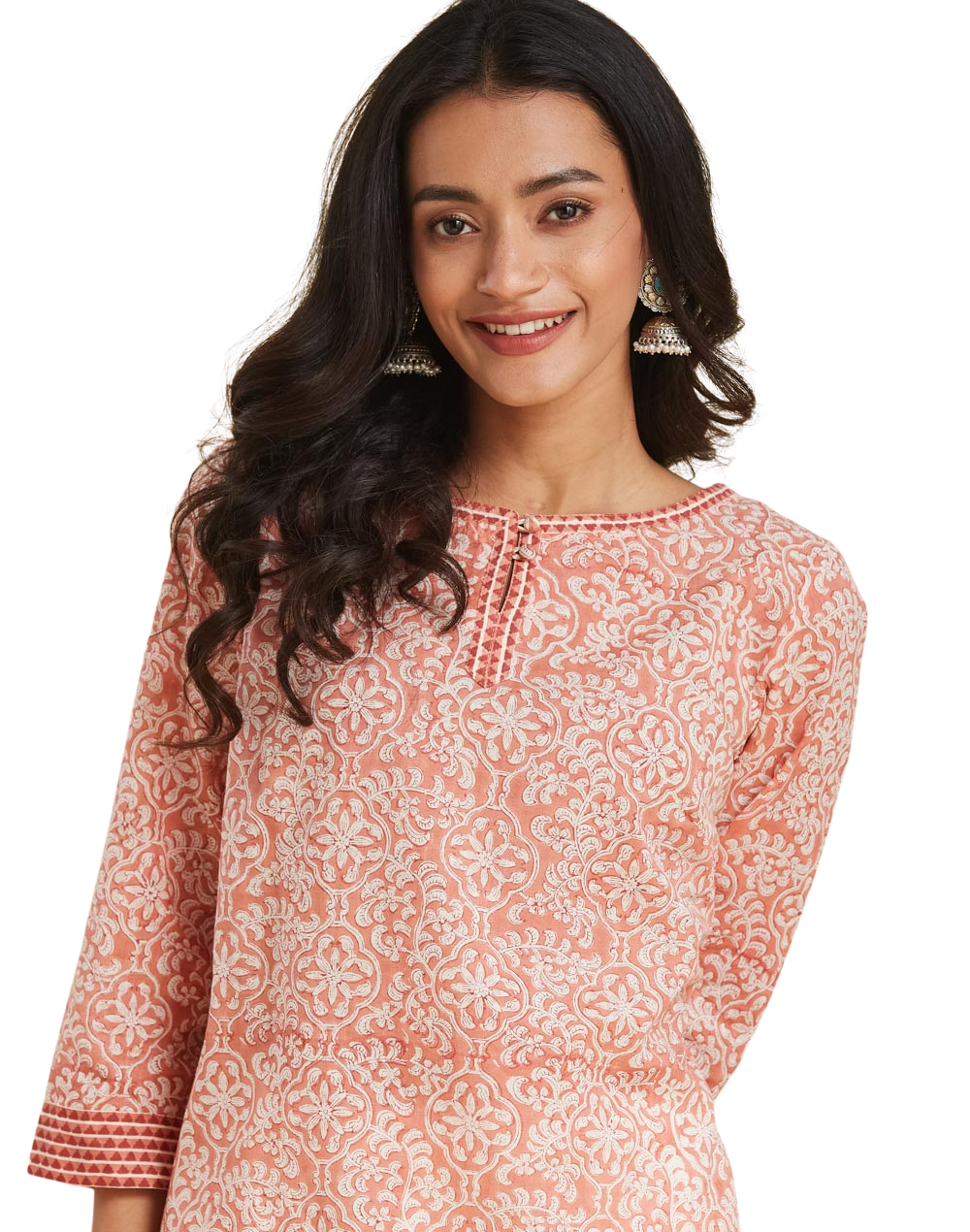 Kurta larga estampada. Durazno