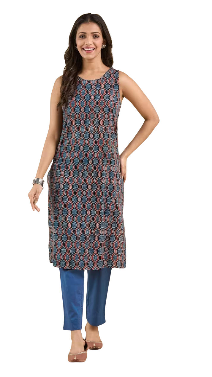 Kurta larga sin mangas Ajrakh. Índigo. Slim Fit PREVENTA