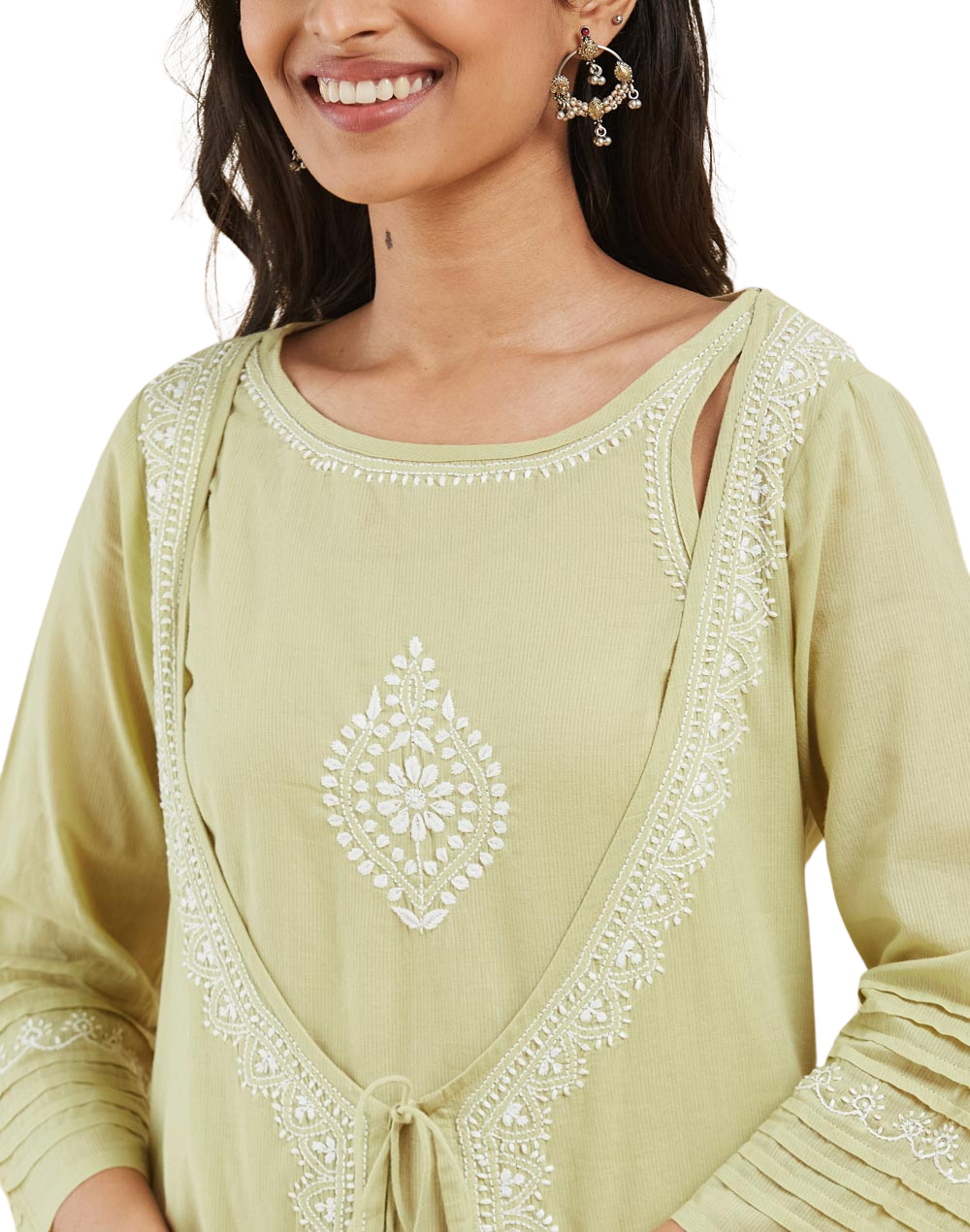 Kurta larga (set) con bordado chikankari. Verde. slim fit