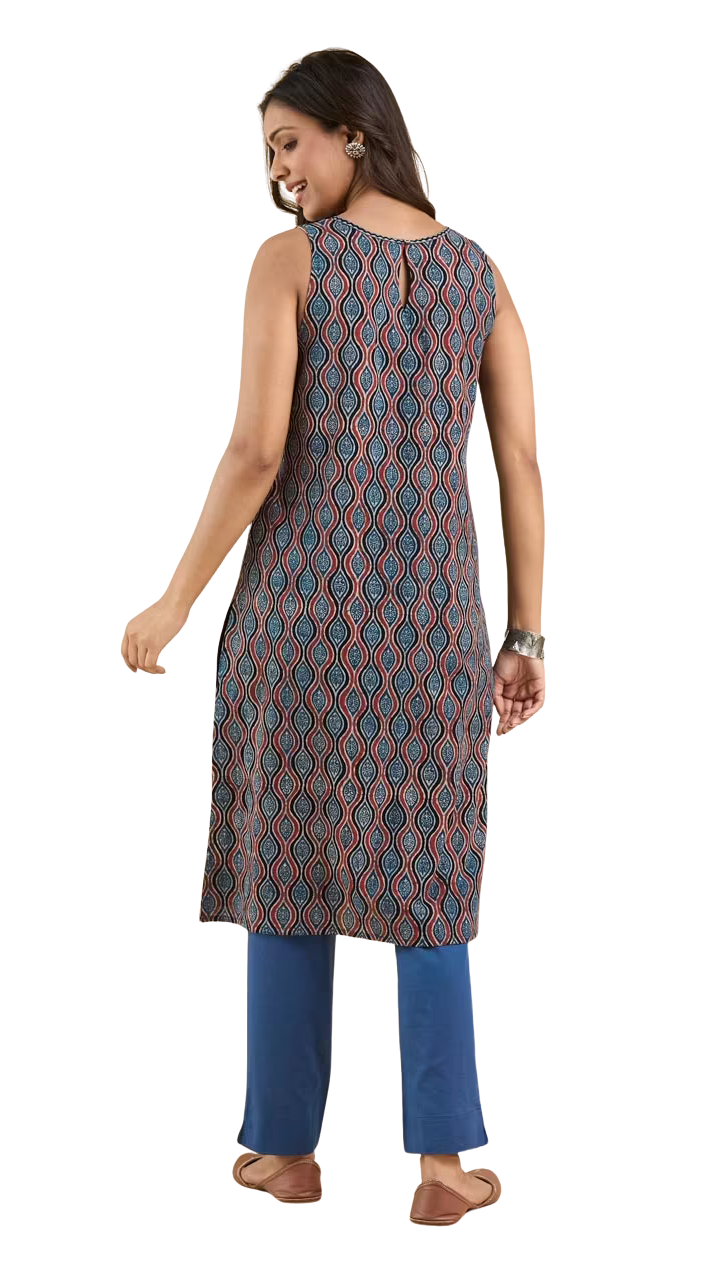 Kurta larga sin mangas Ajrakh. Índigo. Slim Fit PREVENTA