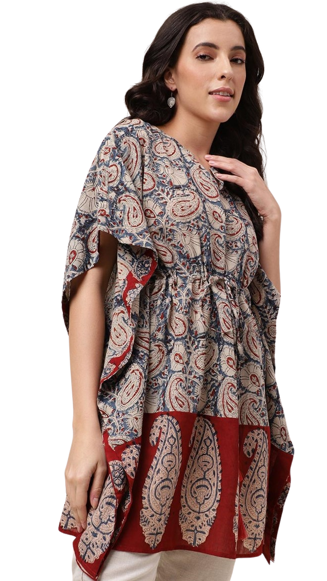 Kaftán corto kalamkari. Azul y rojo