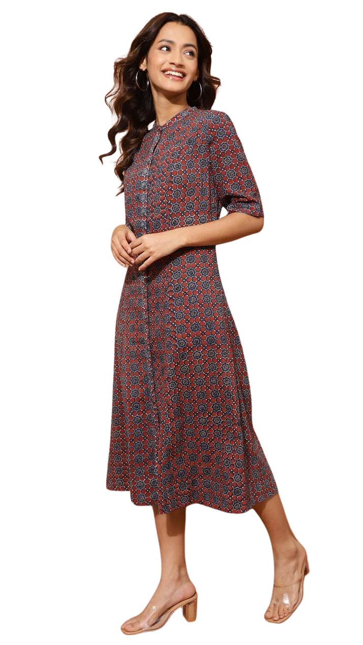 Vestido largo Ajrakh estampado a mano. Azul
