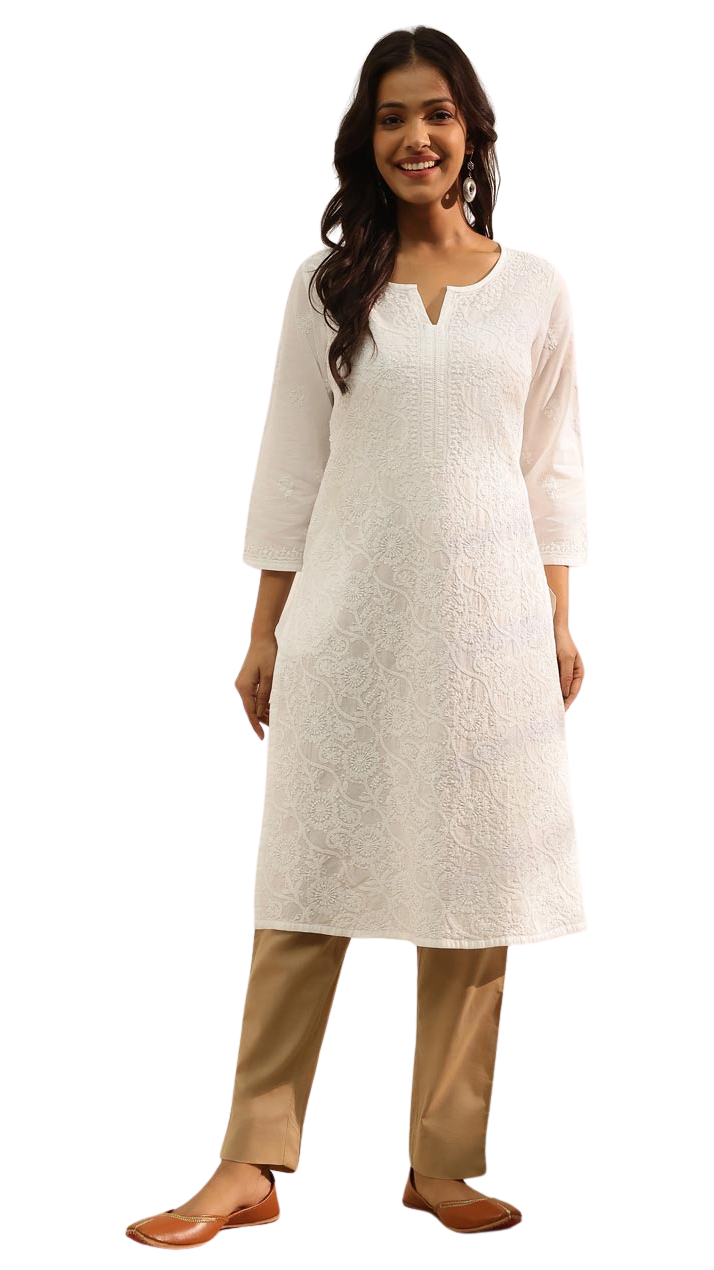 Kurta larga con bordado chikankari. Blanca