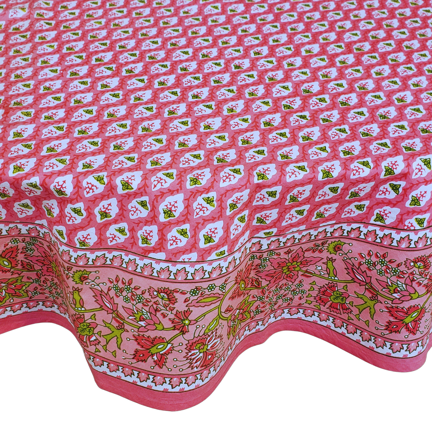 Mantel redondo 100% algodón estampado a mano. Rosa