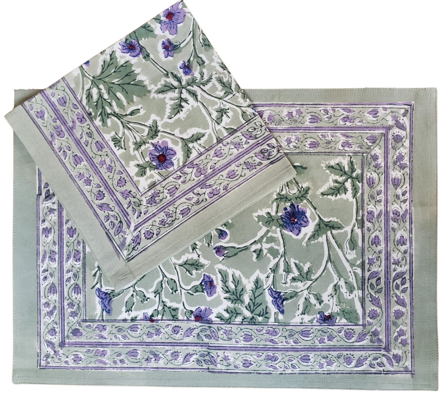 Mantel individual con servilleta. Estampado a mano. Geranio