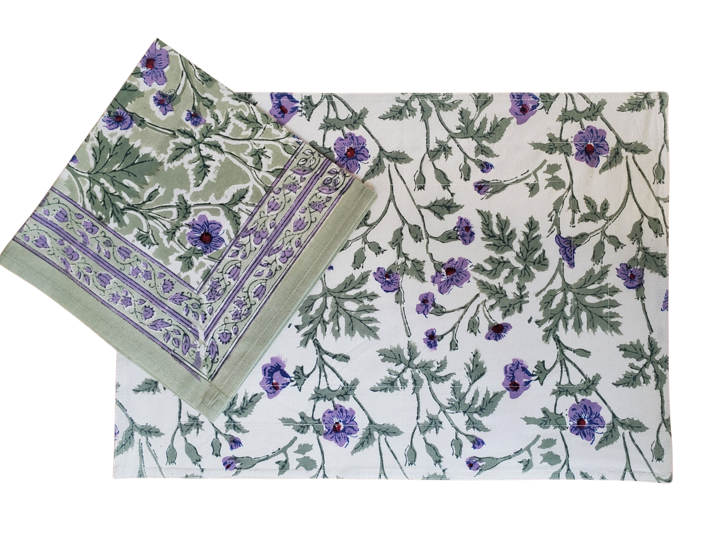 Mantel individual con servilleta. Estampado a mano. Geranio