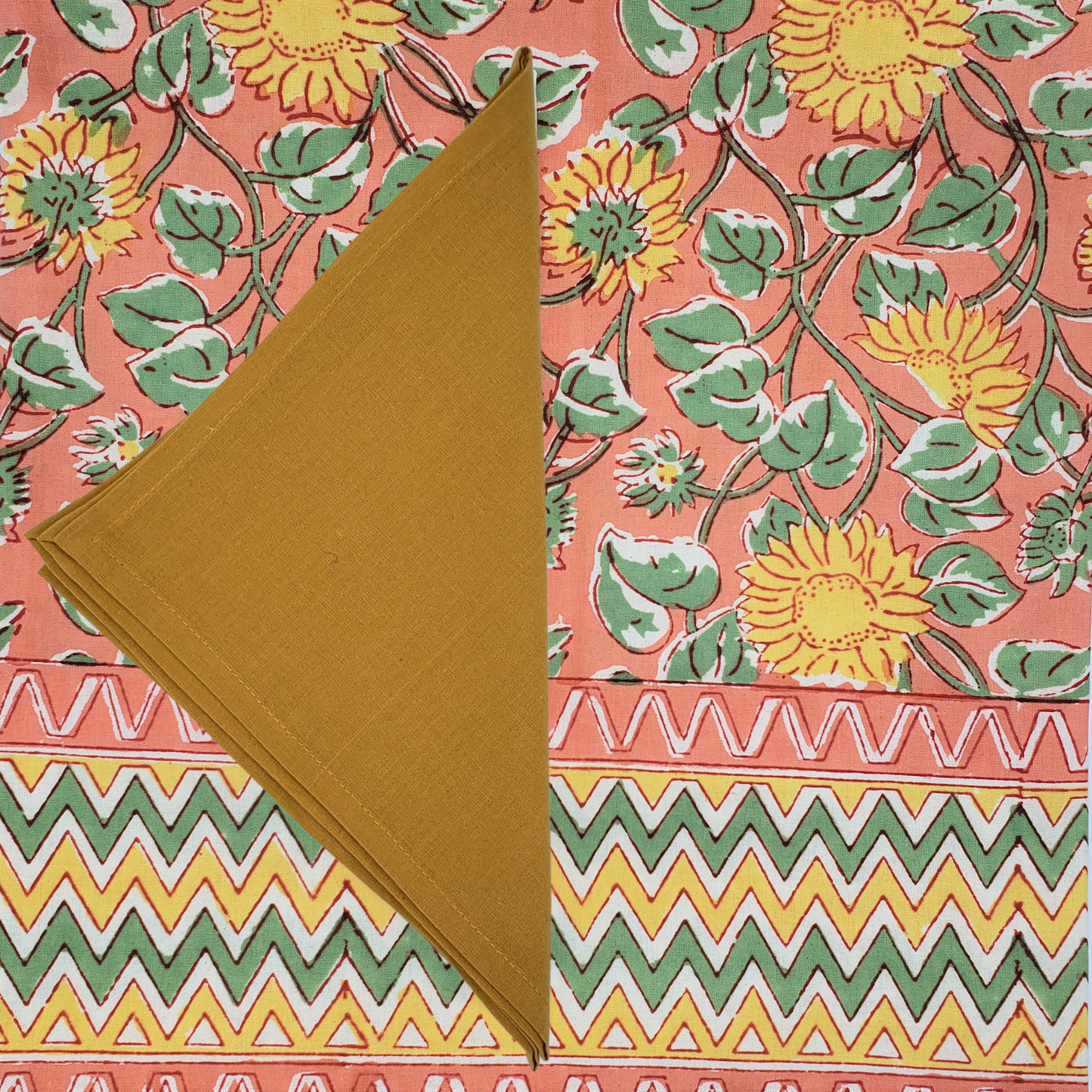 Mantel cuadrado 100% algodón estampado a mano. Girasoles