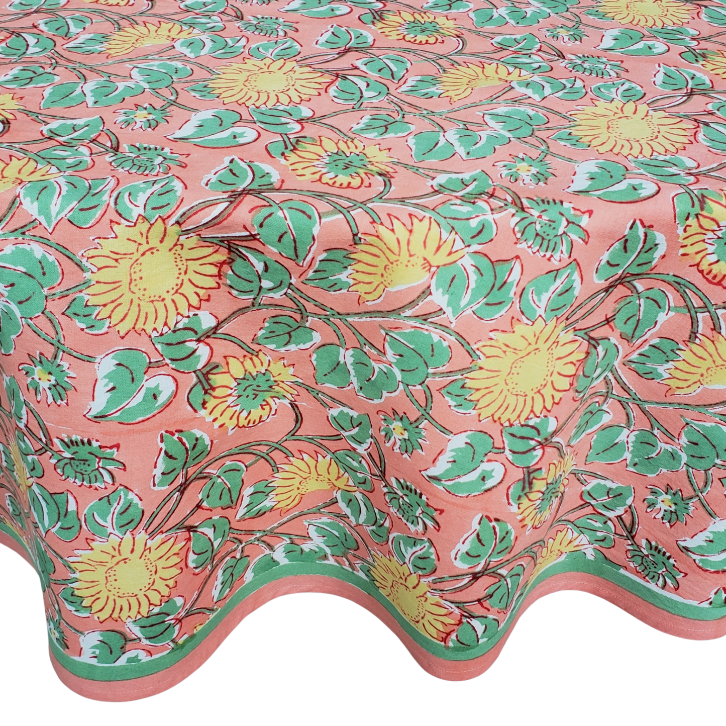 Mantel redondo 100% algodón estampado a mano. Girasoles