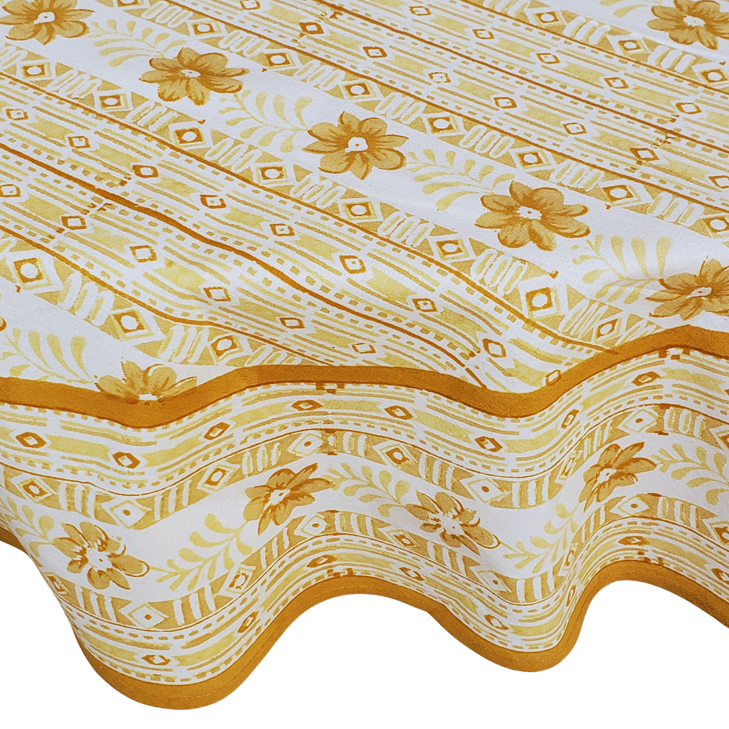 Mantel redondo 100% algodón estampado a mano. Flores beige