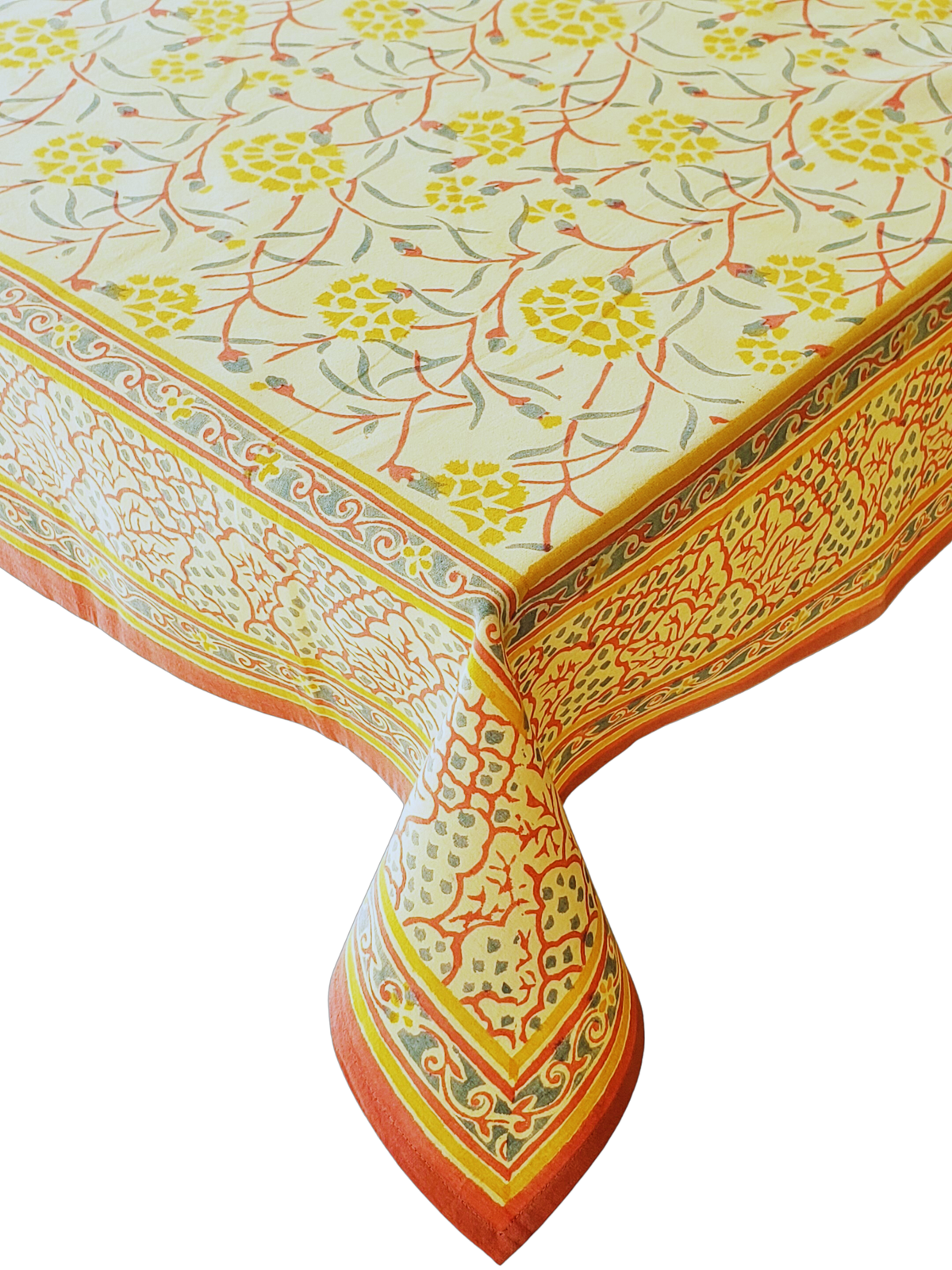 Mantel rectangular 100% algodón estampado a mano. Flores ocre