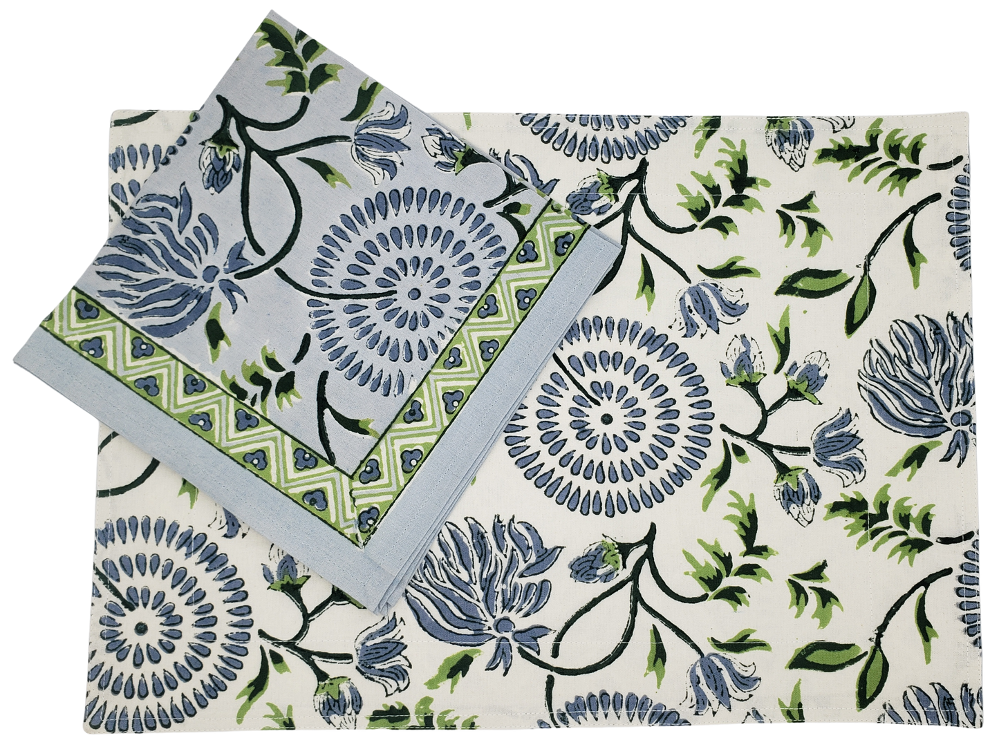 Mantel individual con servilleta. Estampado a mano. Maya