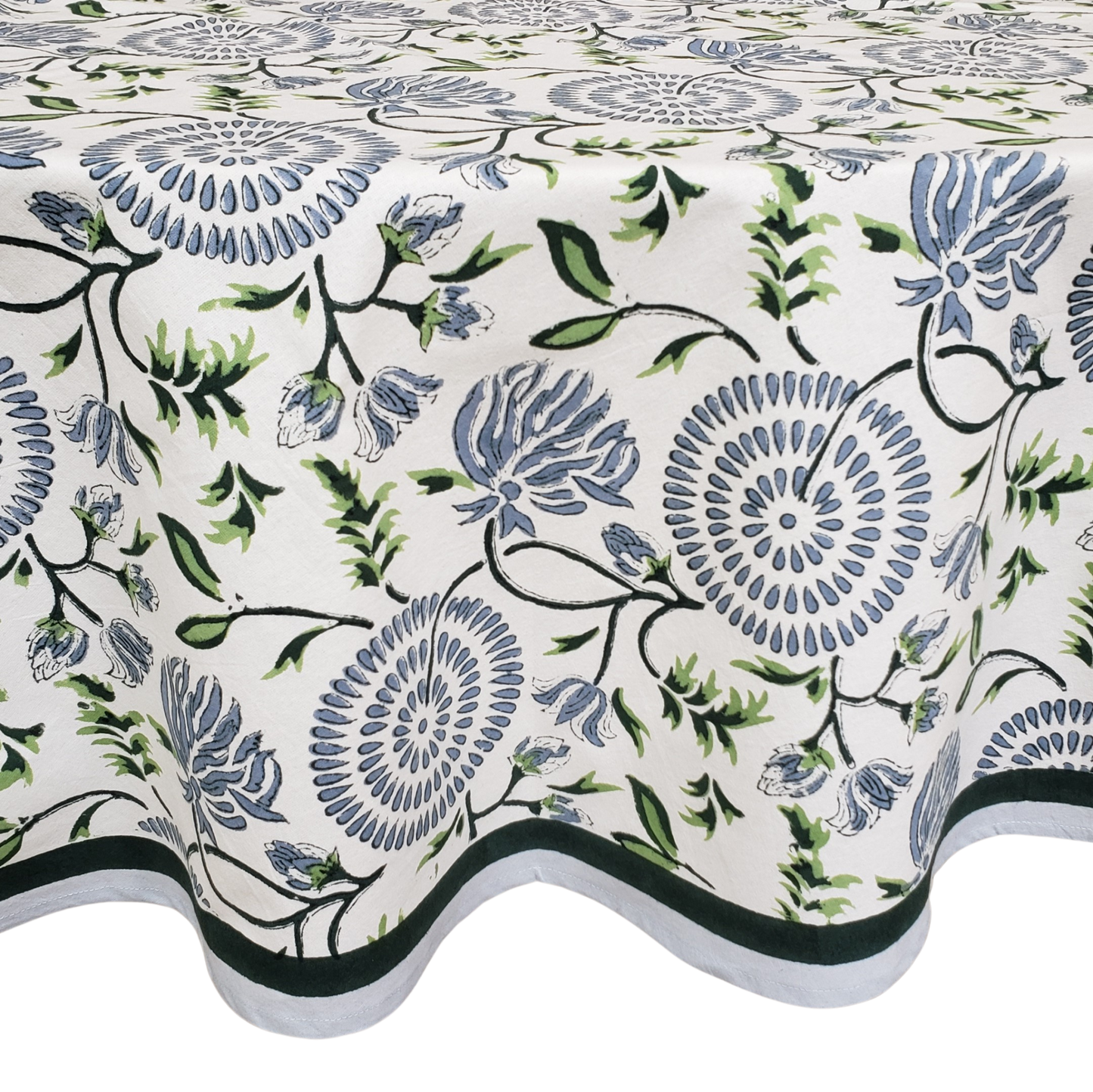 Mantel redondo 100% algodón estampado a mano. Maya azul