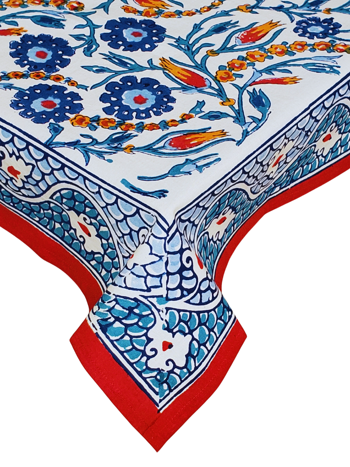 Mantel cuadrado 100% algodón estampado a mano. Flores azules fondo blanco