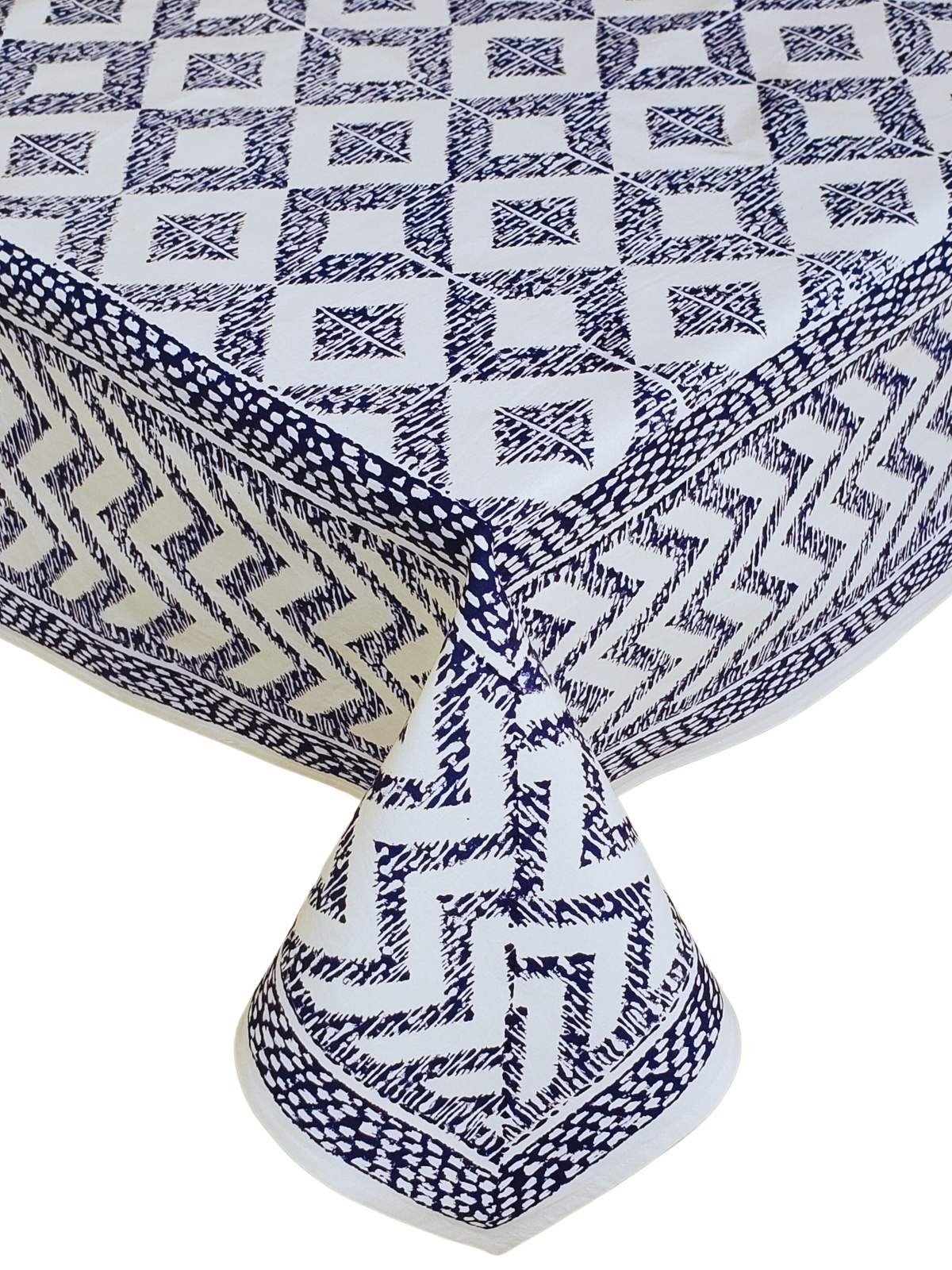 Mantel cuadrado 100% algodón estampado a mano. Grecas azules