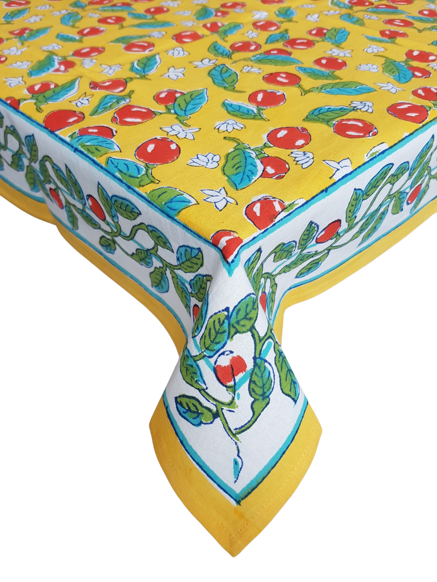 Mantel rectangular 100% algodón estampado a mano. Cerezas