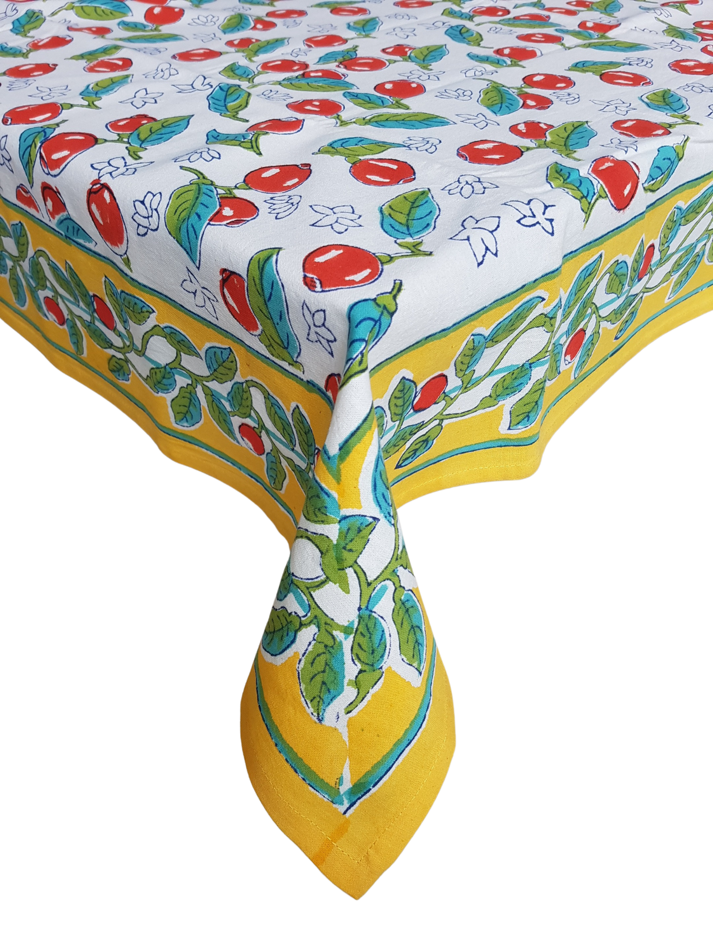 Mantel rectangular 100% algodón estampado a mano. Cerezas fondo blanco