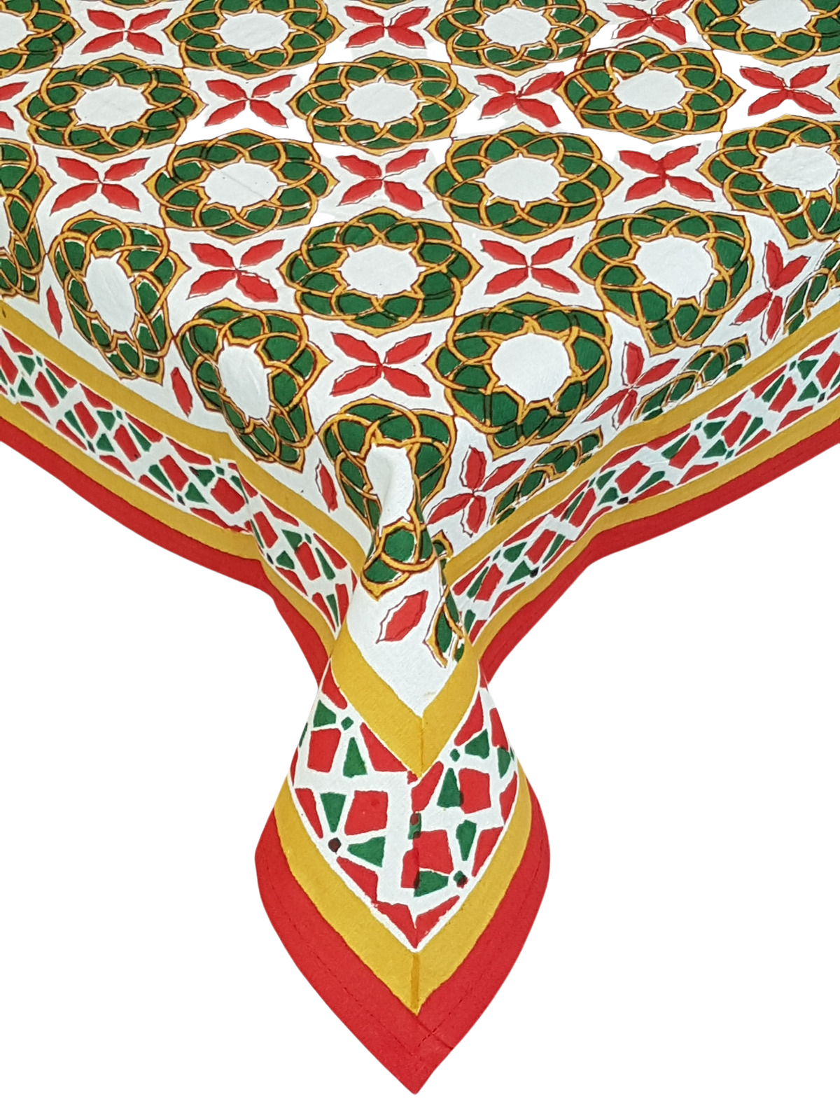 Mantel navideño RECTANGULAR (coronas verdes). Estampado a mano