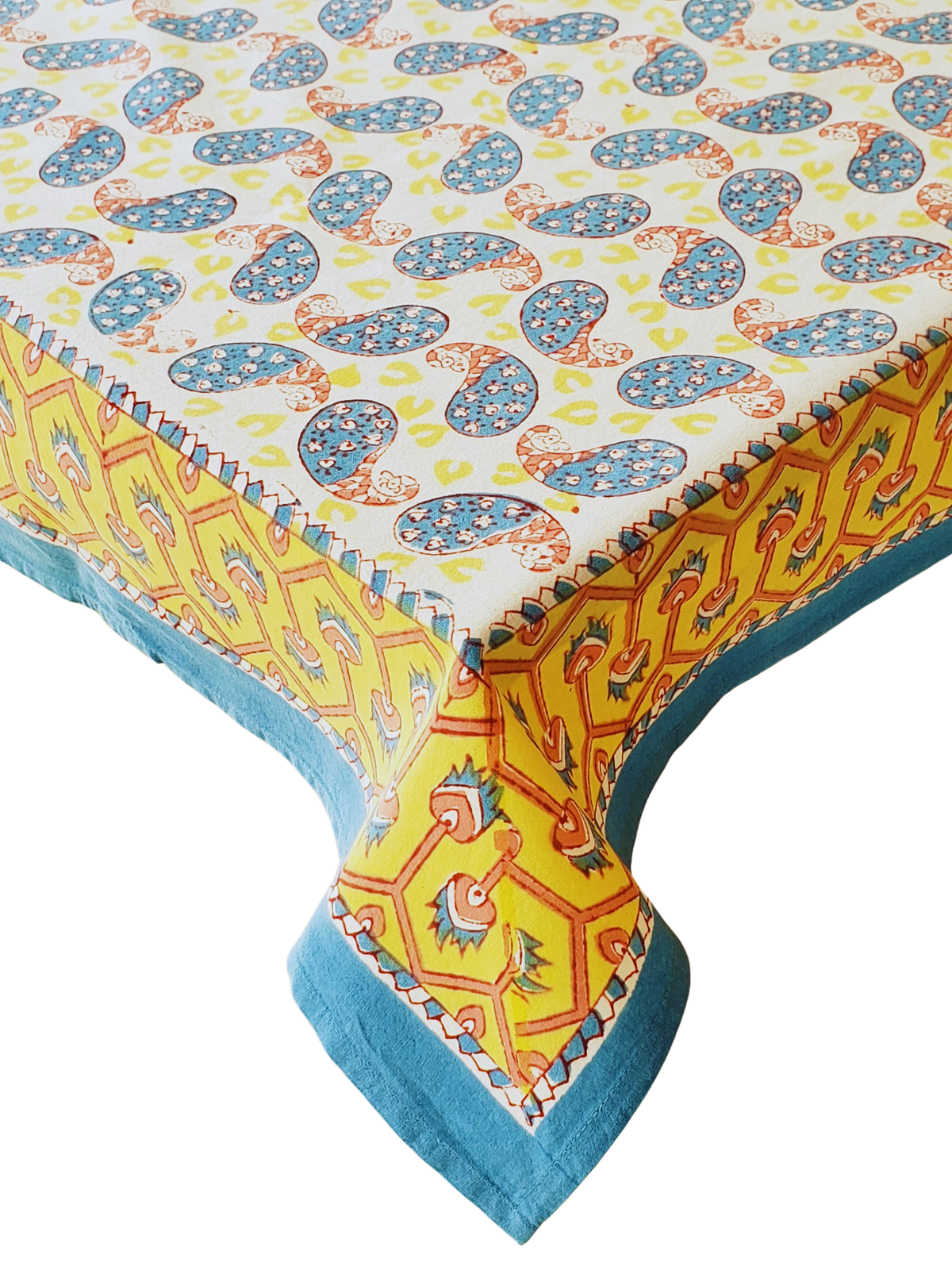 Mantel rectangular 100% algodón estampado a mano. Paisleys azules