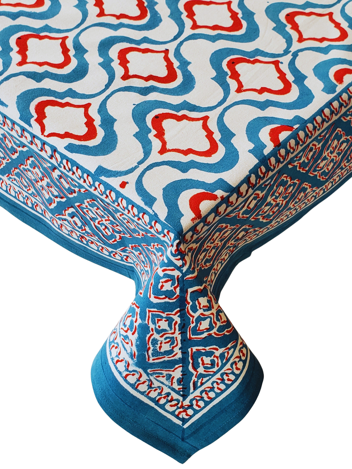 Mantel rectangular 100% algodón estampado a mano. Azul con rojo
