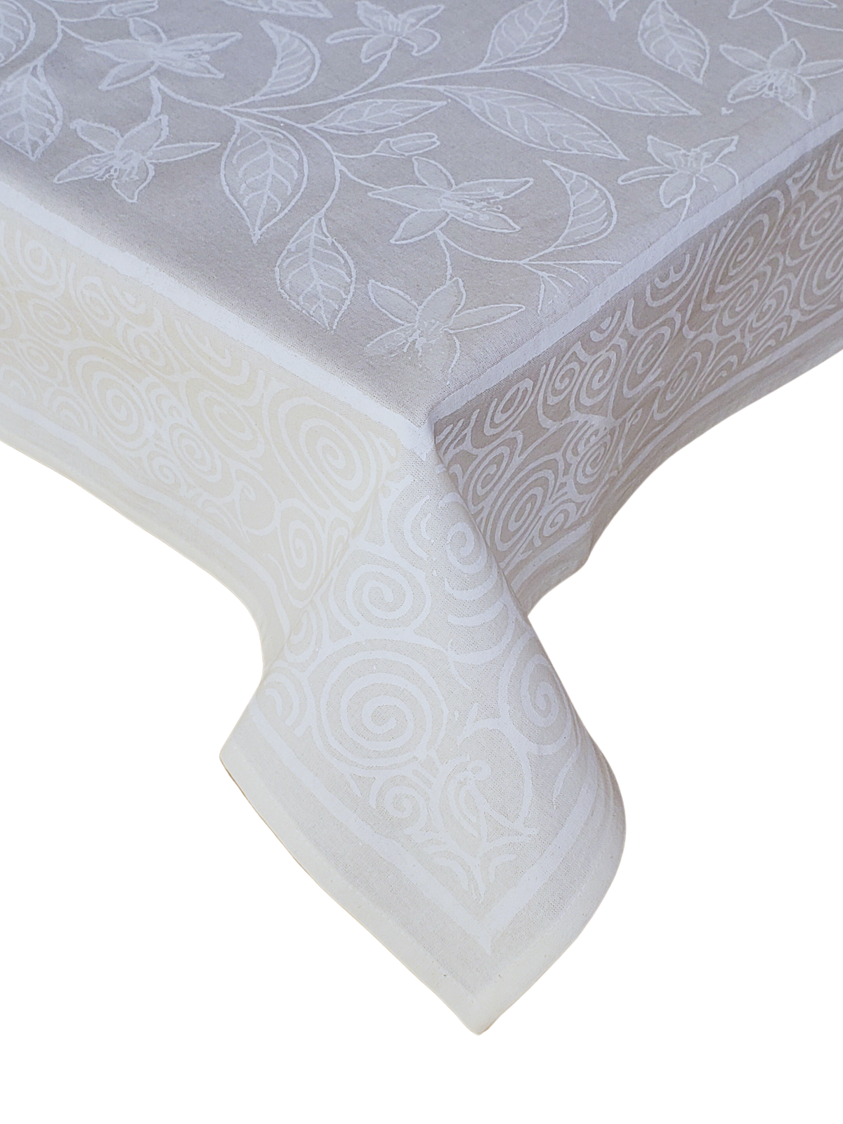 Mantel rectangular 100% algodón estampado a mano. Blanco sobre blanco