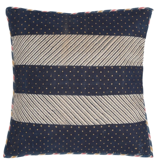 Funda de cojín de algodón/seda estampada. Azul. Puntos y rayas 40x40cm