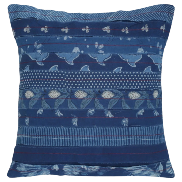 Funda de cojín azul índigo natural. Patchwork Line 40x40
