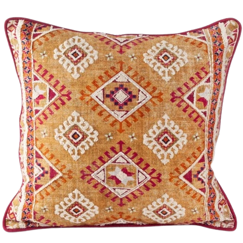 Funda de cojín estampada y bordada. Pushkal ocre 40x40