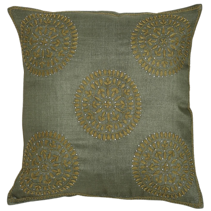 Funda de cojín. Seda y bordado chikankari. Verde 40x40