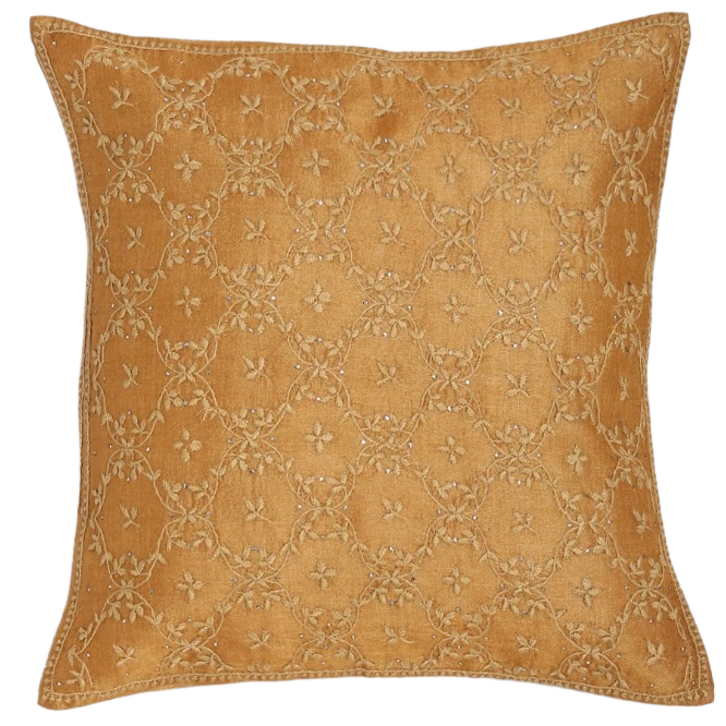 Funda de cojín. Seda y bordado chikankari. Ocre 40x40