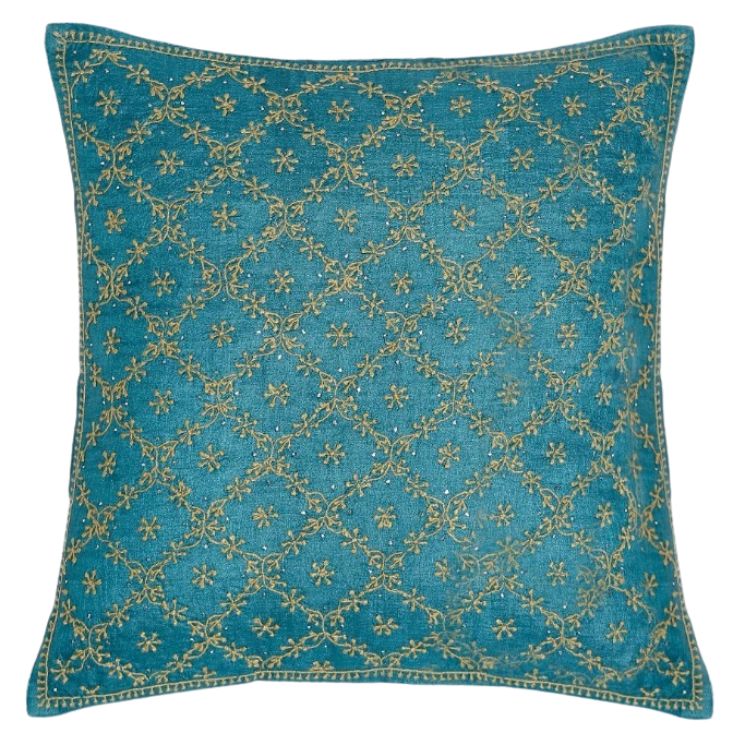 Funda de cojín. Seda y bordado chikankari. Turquesa 40x40